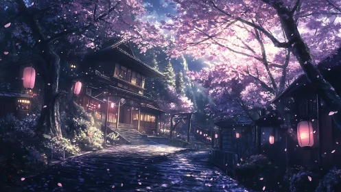 Cherry blossom street glows under lanterns at tranquil dusk