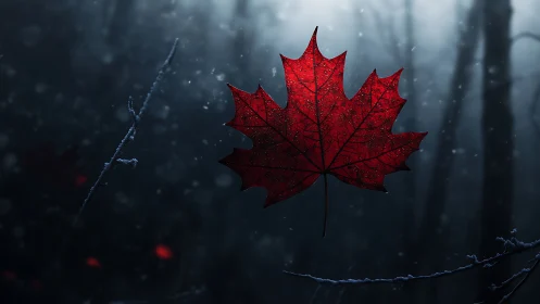 Red maple leaf glows against misty winter forest dusk.