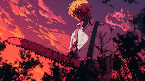 Bloodstained anime figure holding chainsaw at sunset field.