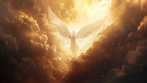 Radiant celestial angel emerging from burning golden clouds.