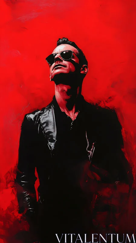 Man in sunglasses stands against intense red background