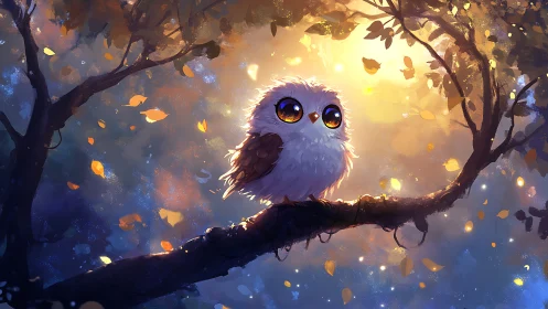 Cute Fluffy Owl on Tree Branch in Magical Evening Forest Artwork.
