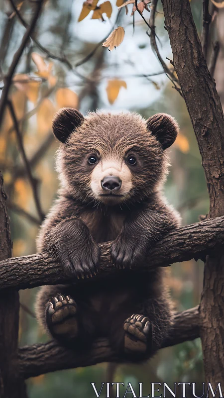 Curious baby bear resting between forest branches.