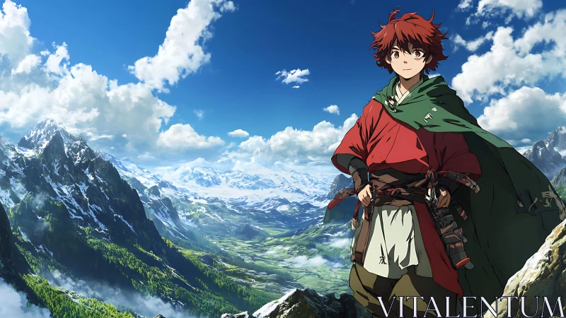 Young anime adventurer gazes over vast alpine valley