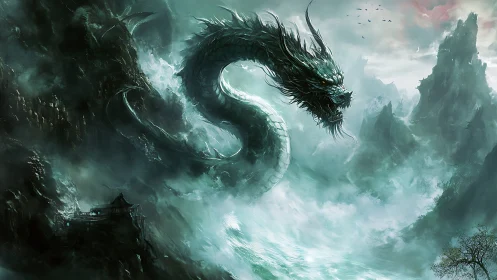 Mythic sea dragon coils through storm-lashed jade mountains.