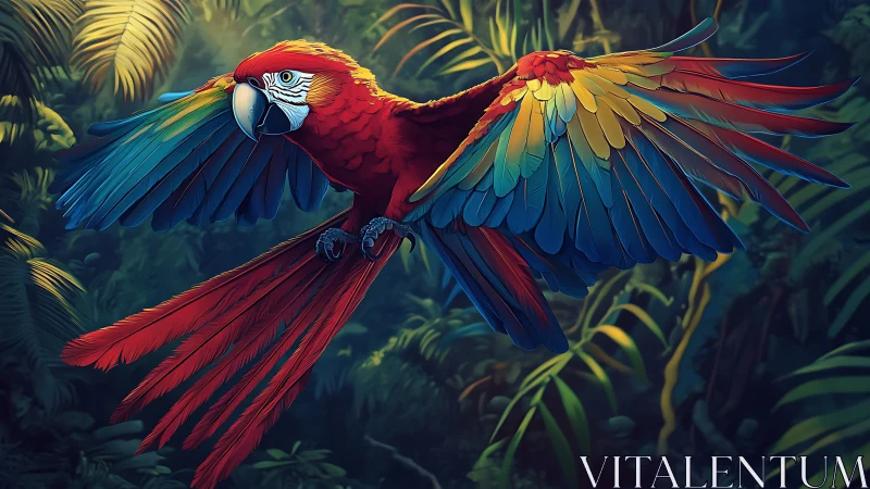 Jungle sky acrobat macaw unfurls a storm of painted wings.