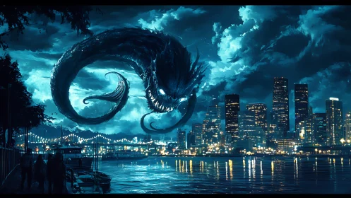 Moonlit sea serpent drifting above the glowing city harbor.