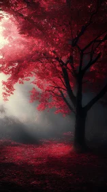 Red maple tree stands in misty forest light at dawn