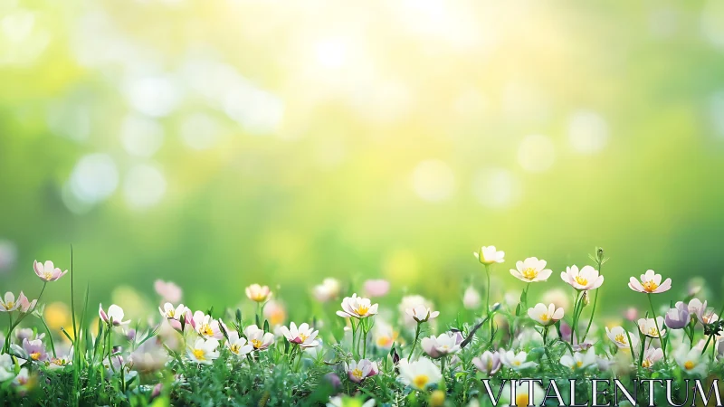 Wildflower meadow under dreamy spring sunlight glow.