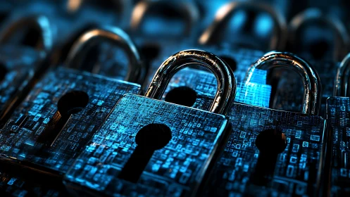 Cybersecurity padlocks over encrypted digital circuit board.
