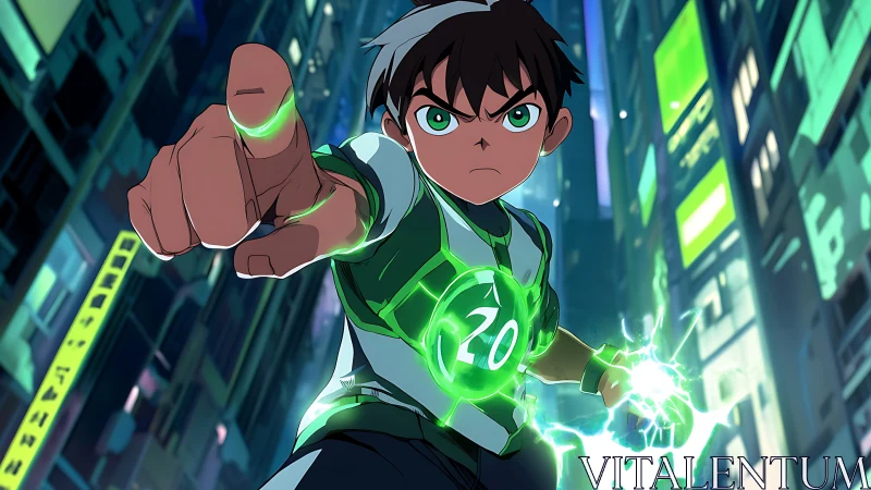 Neon-energized teen hero with projected fist perspective.