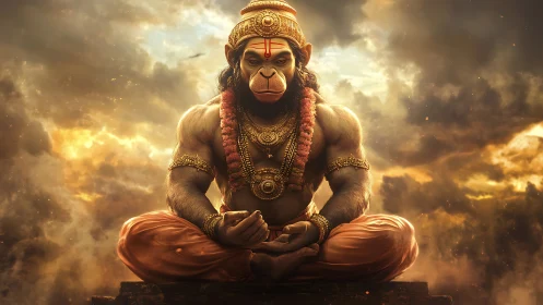 Monkey-headed humanoid figure sits cross-legged in clouds