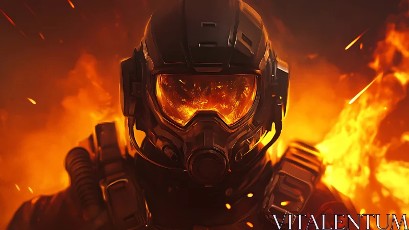 Armored soldier in flame-lit combat helmet and visor.