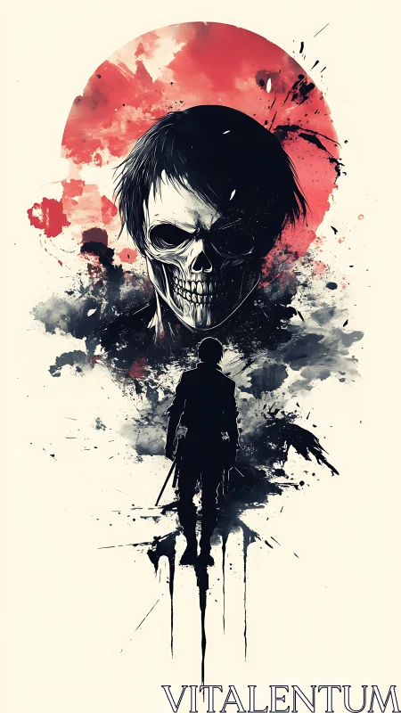 Dual skull visage and lone swordsman in monochrome ink