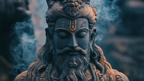 Stone sage in swirling incense, quiet thunder of devotion.