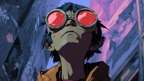 Youth with red goggles in stylized urban alleyway scene.