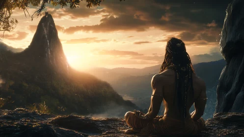 Mountain sunrise listens quietly to the meditating wanderer