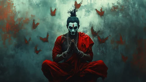 Mystic monk with skull face paint in red robes levitating.