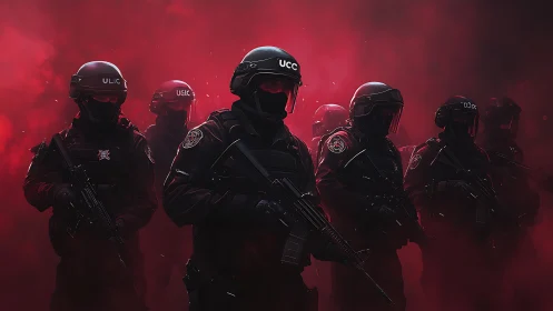 Heavily armed tactical squad advancing through red smoke.