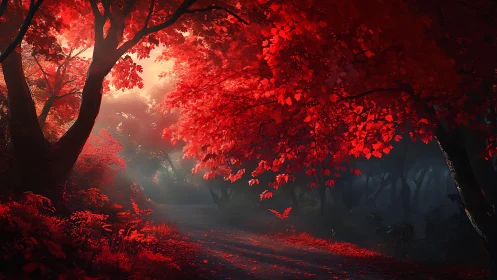 Crimson forest canopy spills molten light across the path