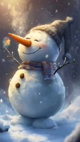 Whimsical snowman portrait with carrot nose and glowing light