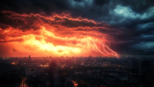 Storm-lit city skyline burns beneath violent electric sky