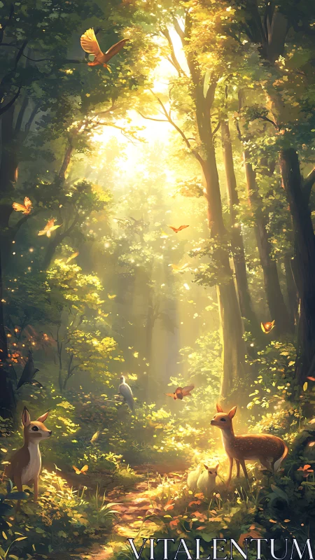 Luminous Forest Clearing With Volumetric Light And Wildlife Subjects