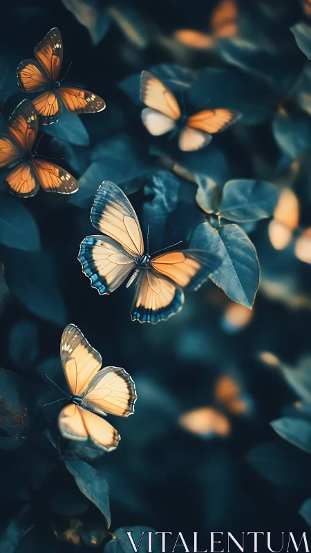 Cinematic digital painting of luminous butterflies in foliage.