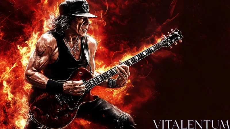 Electric rock guitarist rendered against dynamic fiery backdrop