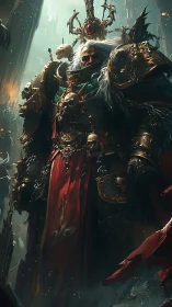 Imperial warlord in baroque skull armor under holy light.