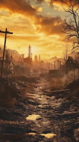 Post-apocalyptic rural road under cinematic golden-hour sky