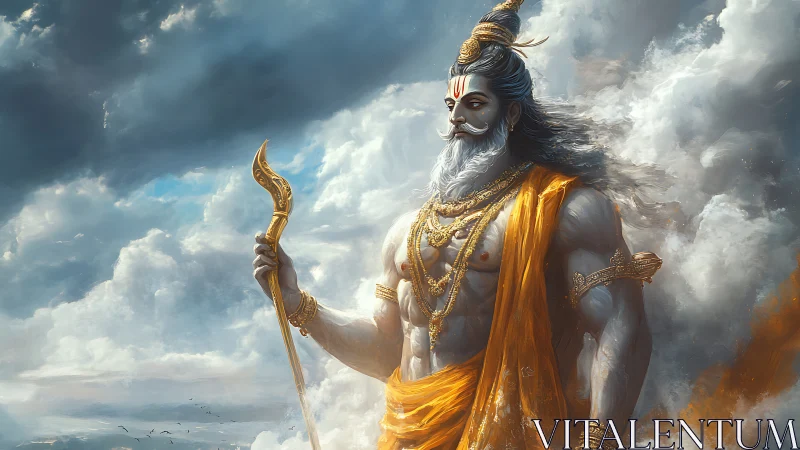 Storm-cloaked sky warrior strides through sculpted clouds