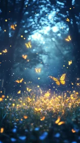 Glowing butterflies drift through a twilight forest meadow.