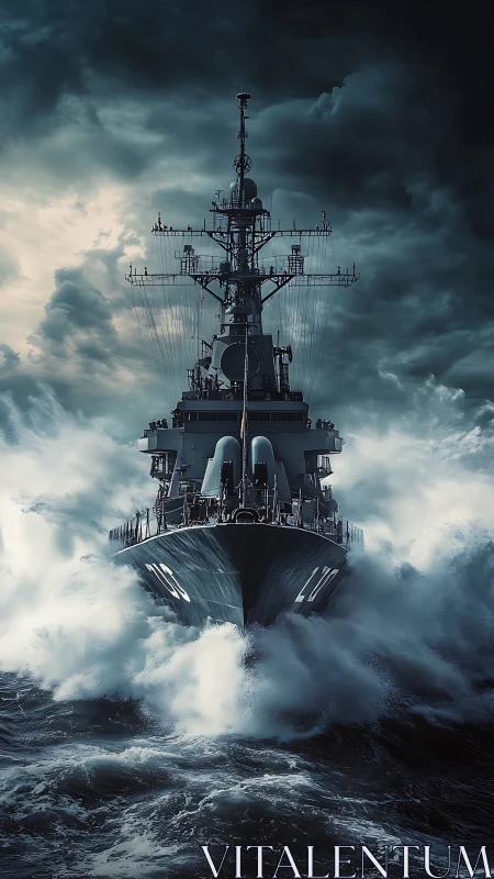 Warship charges through storm waves under dark skies.