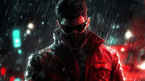 Masked man in red jacket under neon rain at night.