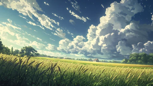 Summer clouds drifting over golden country fields.