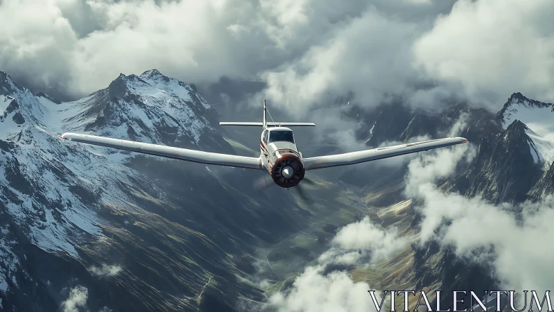 Single propeller aircraft proceeds over alpine valley terrain
