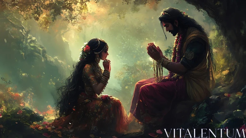 Two traditionally dressed figures in ritual pose in forest.