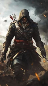 Hooded rogue strides through smoky battlefield with cinematic depth