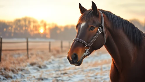 Sunlit bay horse in shallow depth winter pasture portrait