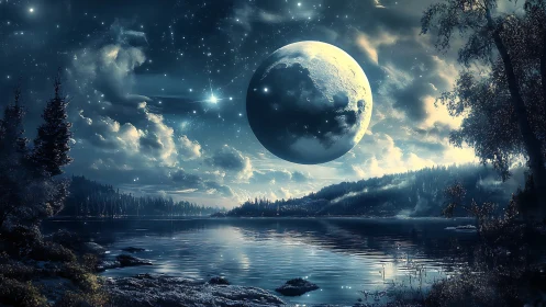 Massive moon over calm forest lake under starry sky.