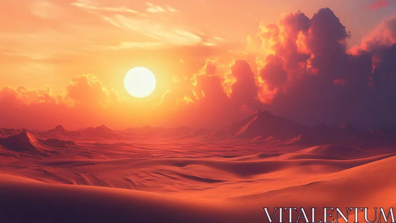 Solar disc over distant desert dunes and mountain ridge.