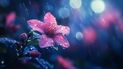 Pink Flower Dancing in the Rain with Glowing Bokeh
