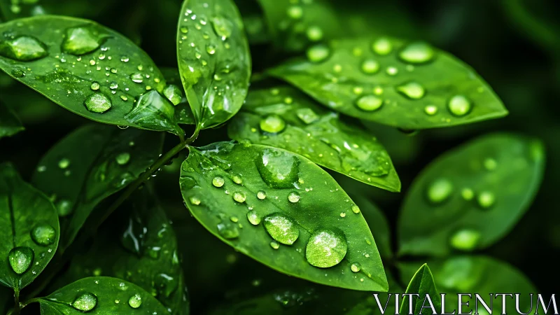 Rain-kissed emerald leaves with glittering morning droplets.