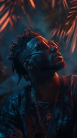 Stylized portrait of man in sunglasses under neon light.