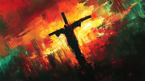 Crucifix silhouette burns against a storm of abstract light