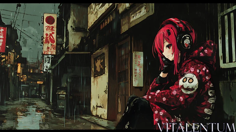 Red-haired girl in headphones under neon rain-soaked alley