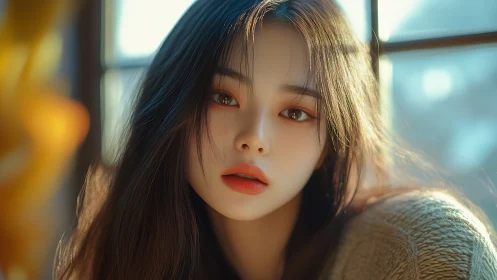 Soft-lit digital portrait of young woman by window.