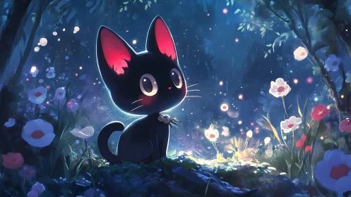 Black cartoon cat in glowing night forest with flowers.