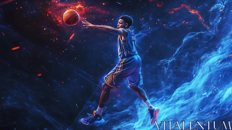 Plasma-lit basketball jump rendered in neon astrophysical space.